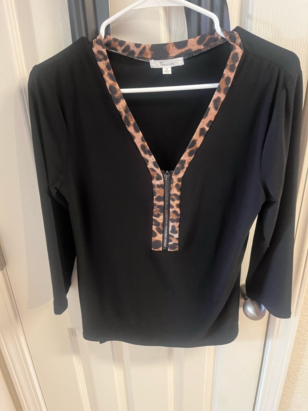 89th & Madison Black Long-Sleeve Top with Leopard Trim